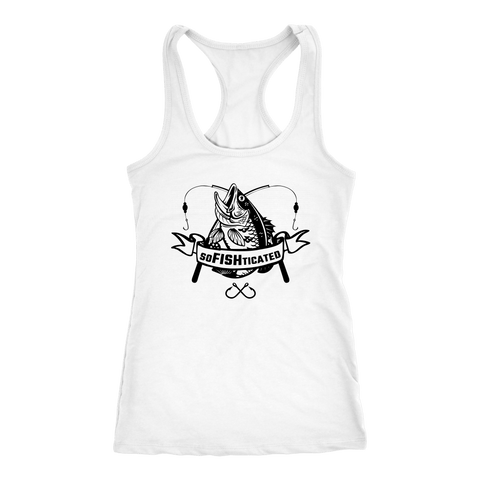 Image of soFISHticated Womens Black Print T-shirt Next Level Racerback Tank White XS