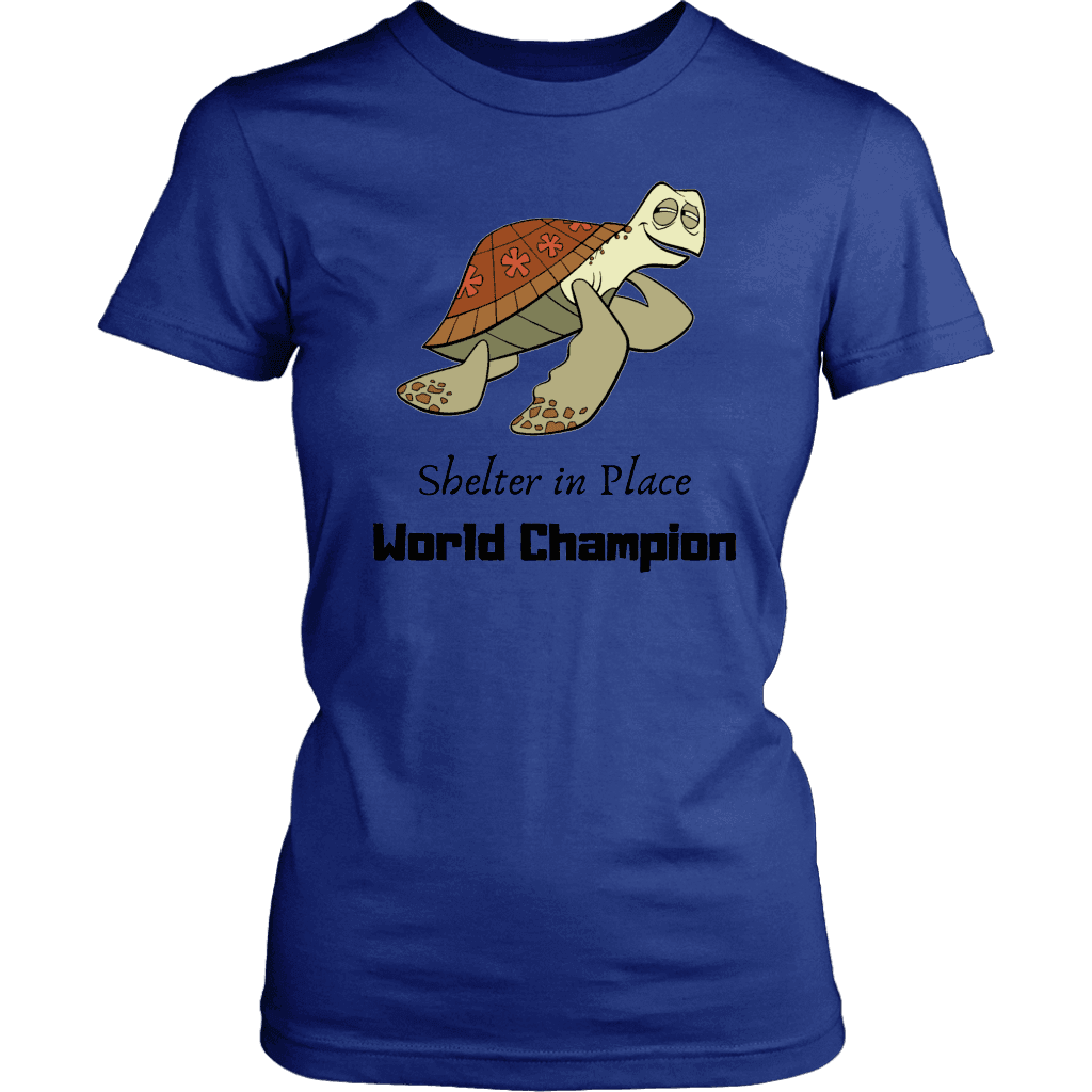 Shelter In Place World Champion, Black Print T-shirt District Womens Shirt Royal Blue XS
