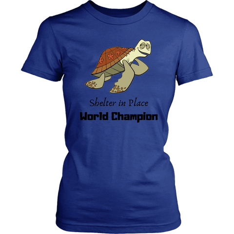 Image of Shelter In Place World Champion, Black Print T-shirt District Womens Shirt Royal Blue XS