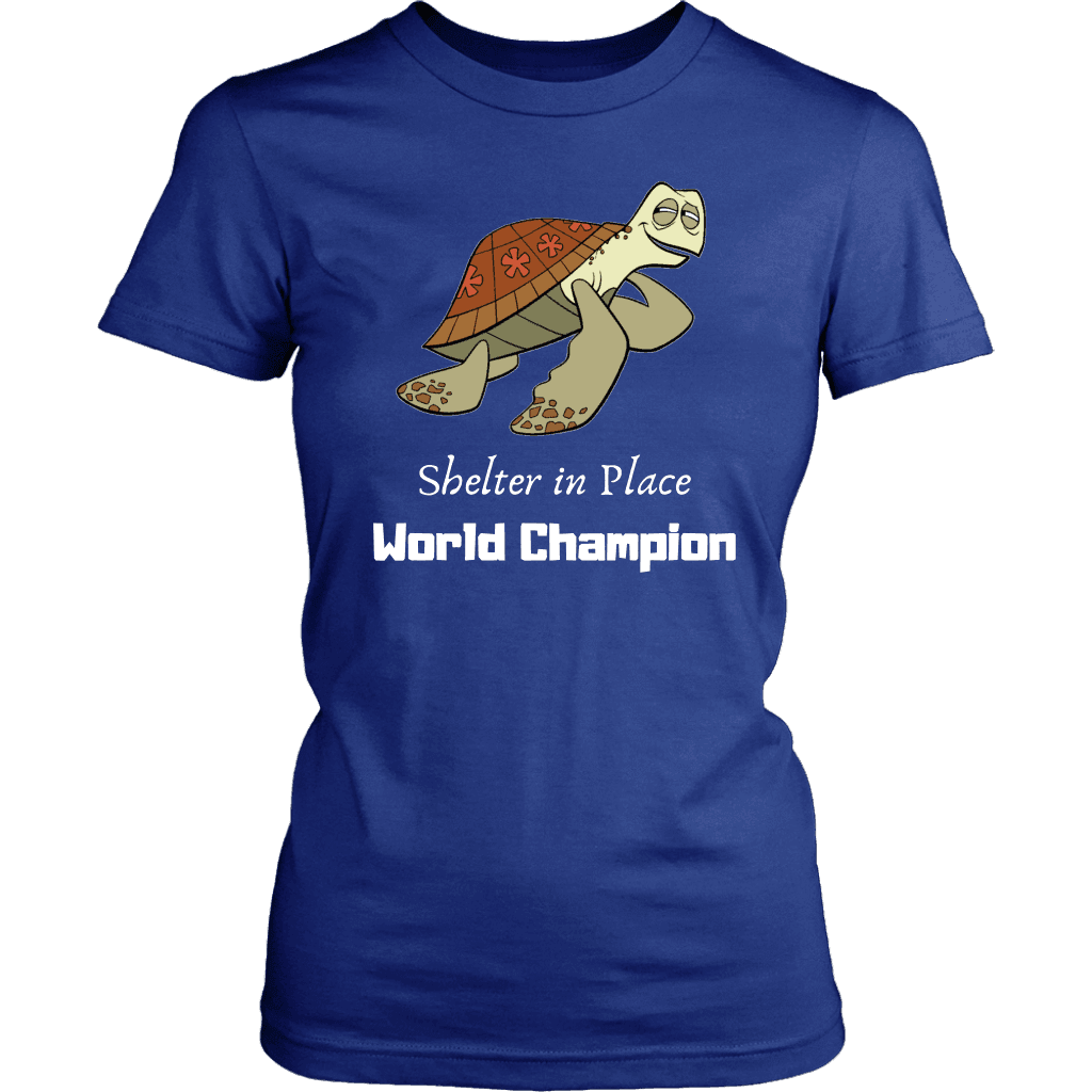 Shelter In Place World Champion, White Print T-shirt District Womens Shirt Royal Blue XS