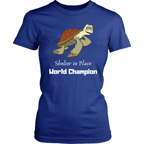 Image of Shelter In Place World Champion, White Print T-shirt District Womens Shirt Royal Blue XS