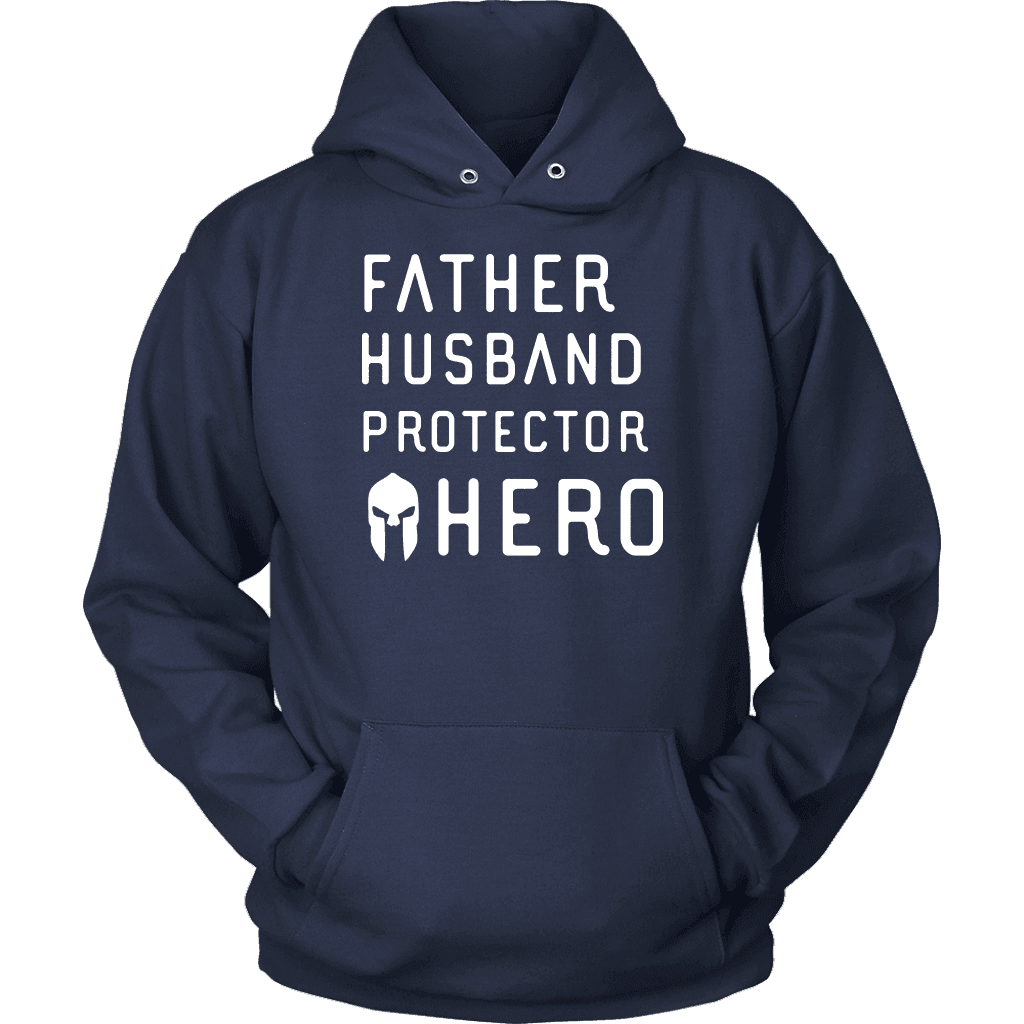Father Husband Protector Hero Spartan White Print T-shirt Unisex Hoodie Navy S