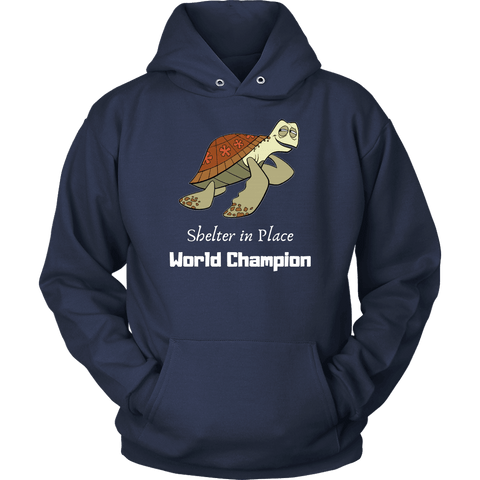 Image of Shelter In Place World Champion, White Print Long Sleeve Hoodie T-shirt Unisex Hoodie Navy S