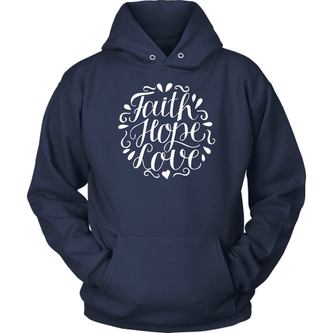 Image of Faith Hope and Love, White Print T-shirt Unisex Hoodie Navy S