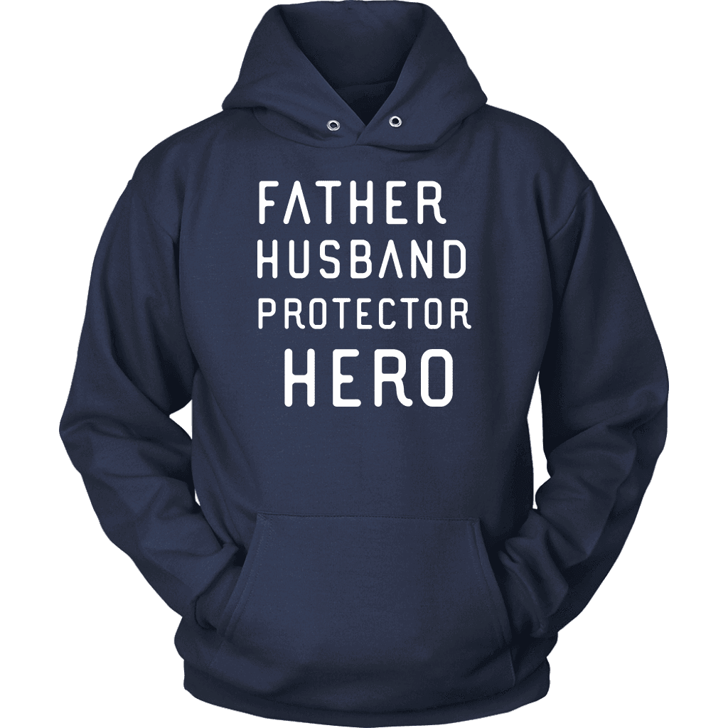 Father Husband Protector Hero White Print T-shirt Unisex Hoodie Navy S