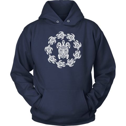 Image of Fun Circle of Life Tribal Turtle Shirt, White Print T-shirt Unisex Hoodie Navy S
