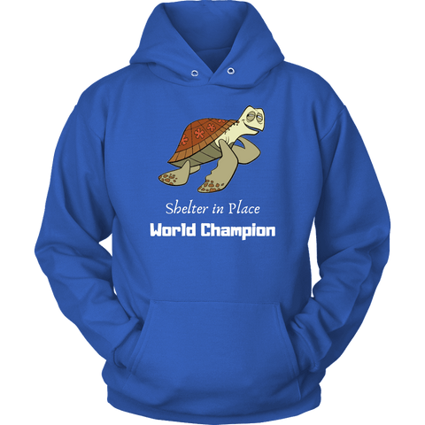 Image of Shelter In Place World Champion, White Print Long Sleeve Hoodie T-shirt Unisex Hoodie Royal Blue S