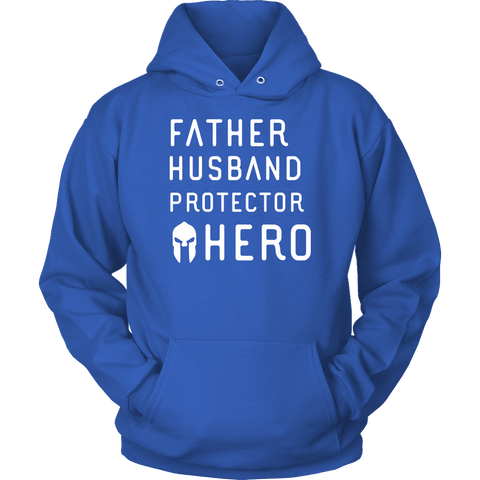 Image of Father Husband Protector Hero Spartan White Print T-shirt Unisex Hoodie Royal Blue S