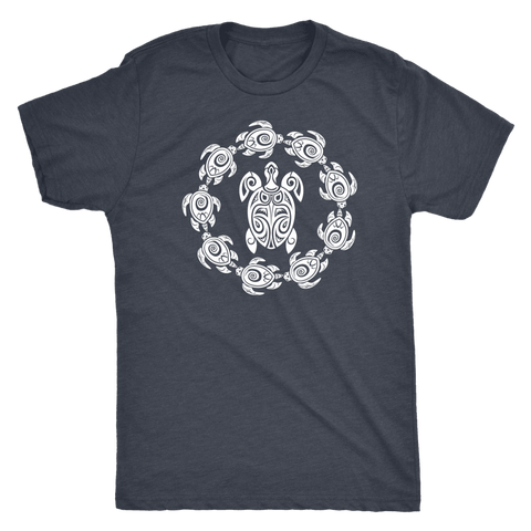 Image of Fun Circle of Life Tribal Turtle Shirt, White Print T-shirt Next Level Mens Triblend Vintage Navy S