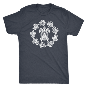 Fun Circle of Life Tribal Turtle Shirt, White Print T-shirt Next Level Mens Triblend Vintage Navy S