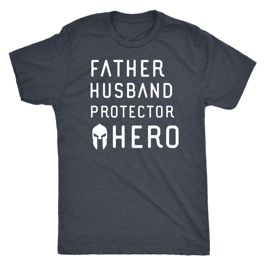 Father Husband Protector Hero Spartan White Print T-shirt Next Level Mens Triblend Vintage Navy S