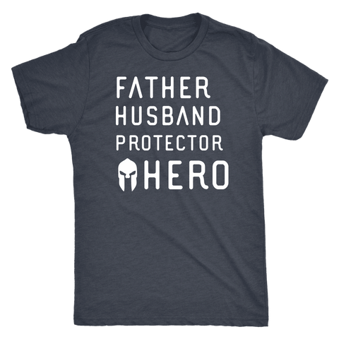 Image of Father Husband Protector Hero Spartan White Print T-shirt Next Level Mens Triblend Vintage Navy S