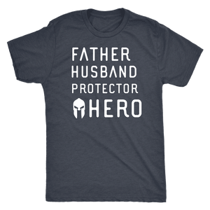 Father Husband Protector Hero Spartan White Print T-shirt Next Level Mens Triblend Vintage Navy S