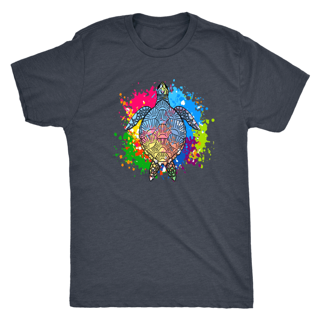 Vibrant Color Splash Sea Turtle T-shirt Next Level Mens Triblend Vintage Navy S