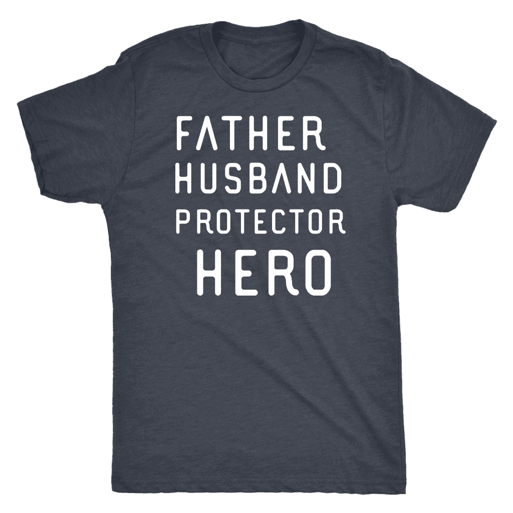 Father Husband Protector Hero White Print T-shirt Next Level Mens Triblend Vintage Navy S
