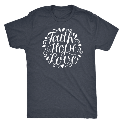 Image of Faith Hope and Love, White Print T-shirt Next Level Mens Triblend Vintage Navy S