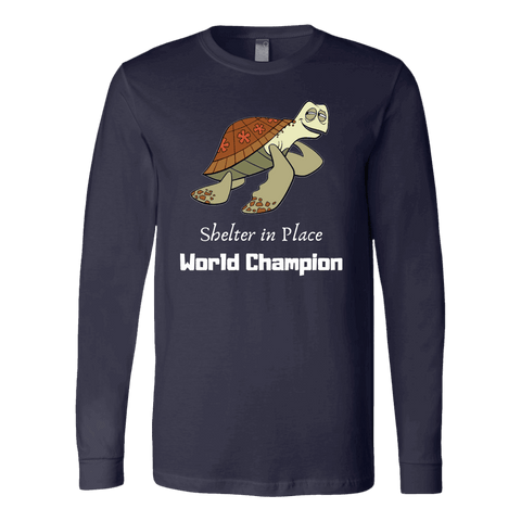 Image of Shelter In Place World Champion, White Print Long Sleeve Hoodie T-shirt Canvas Long Sleeve Shirt Navy S