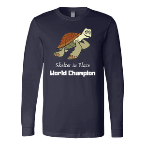 Shelter In Place World Champion, White Print Long Sleeve Hoodie T-shirt Canvas Long Sleeve Shirt Navy S