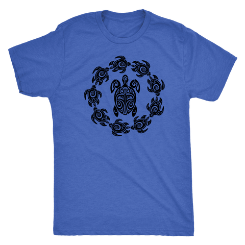 Image of Fun Circle of Life Tribal Turtle Shirt, Black Print T-shirt Next Level Mens Triblend Vintage Royal S