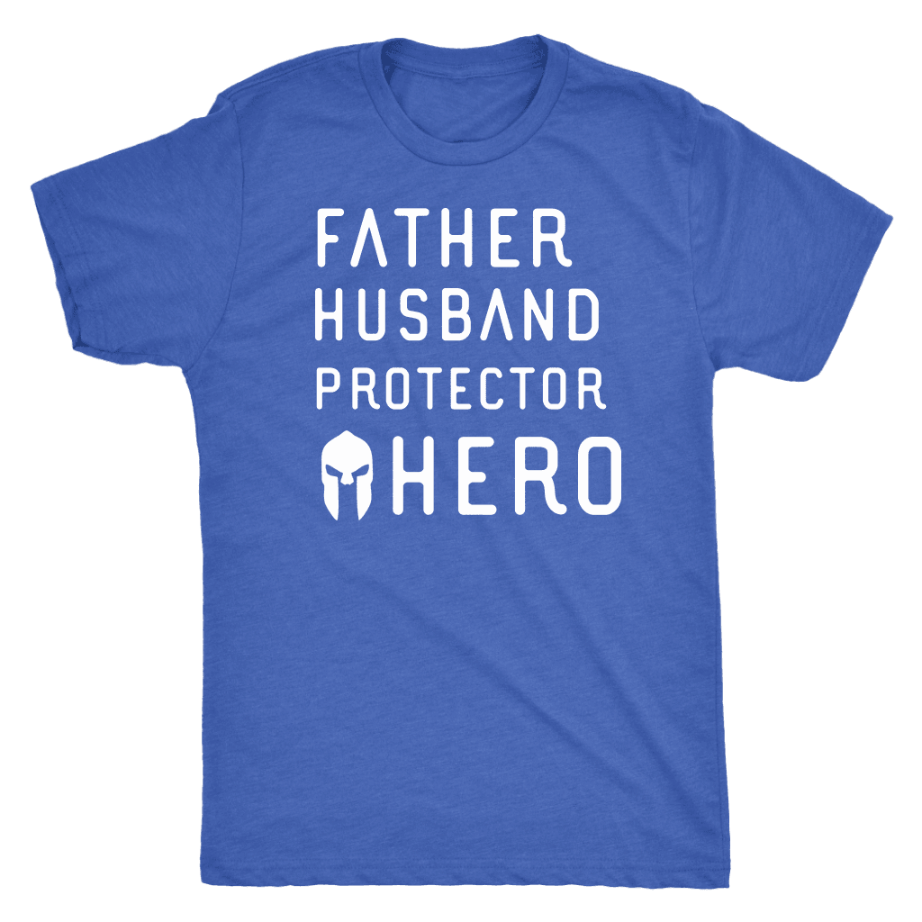 Father Husband Protector Hero Spartan White Print T-shirt Next Level Mens Triblend Vintage Royal S