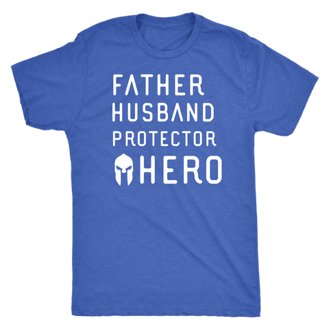 Image of Father Husband Protector Hero Spartan White Print T-shirt Next Level Mens Triblend Vintage Royal S