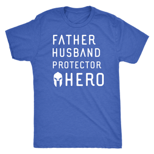 Father Husband Protector Hero Spartan White Print T-shirt Next Level Mens Triblend Vintage Royal S