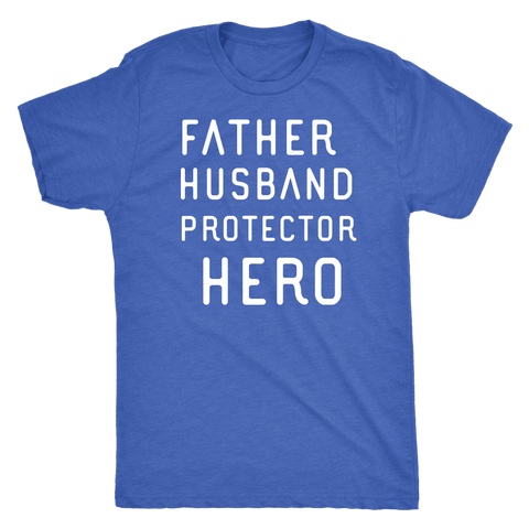 Image of Father Husband Protector Hero White Print T-shirt Next Level Mens Triblend Vintage Royal S