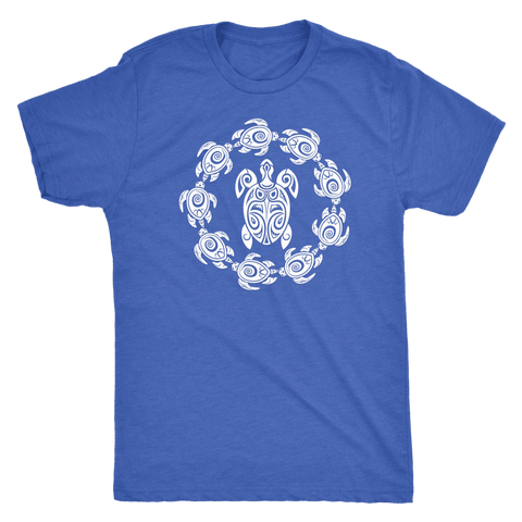 Image of Fun Circle of Life Tribal Turtle Shirt, White Print T-shirt Next Level Mens Triblend Vintage Royal S