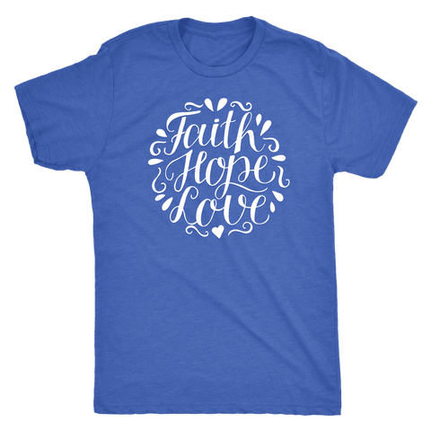 Image of Faith Hope and Love, White Print T-shirt Next Level Mens Triblend Vintage Royal S