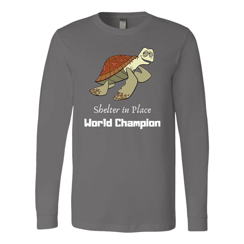 Shelter In Place World Champion, White Print Long Sleeve Hoodie T-shirt Canvas Long Sleeve Shirt Asphalt S