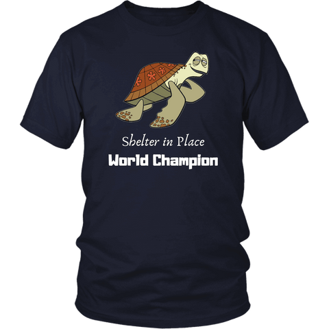 Image of Shelter In Place World Champion, White Print T-shirt District Unisex Shirt Navy S