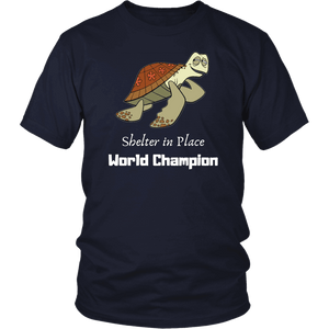 Shelter In Place World Champion, White Print T-shirt District Unisex Shirt Navy S