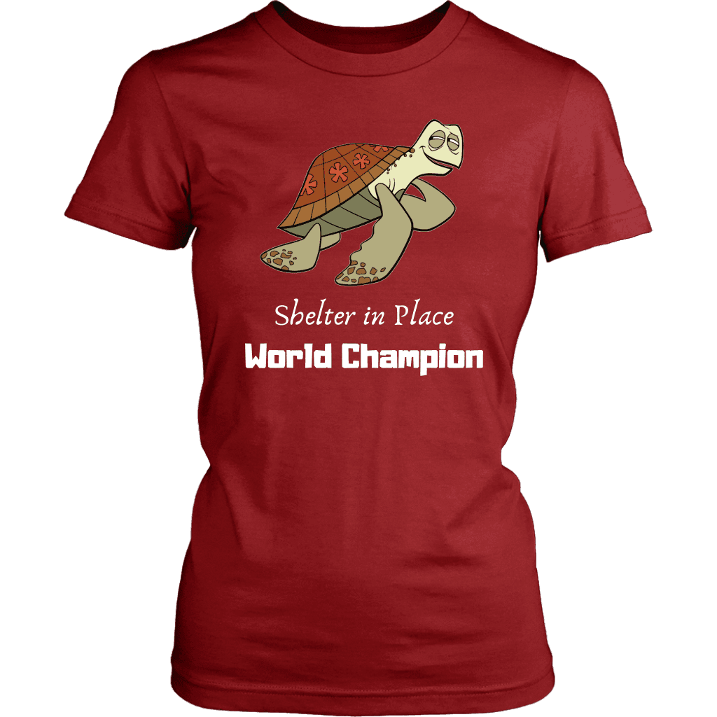 Shelter In Place World Champion, White Print T-shirt District Womens Shirt Red XS