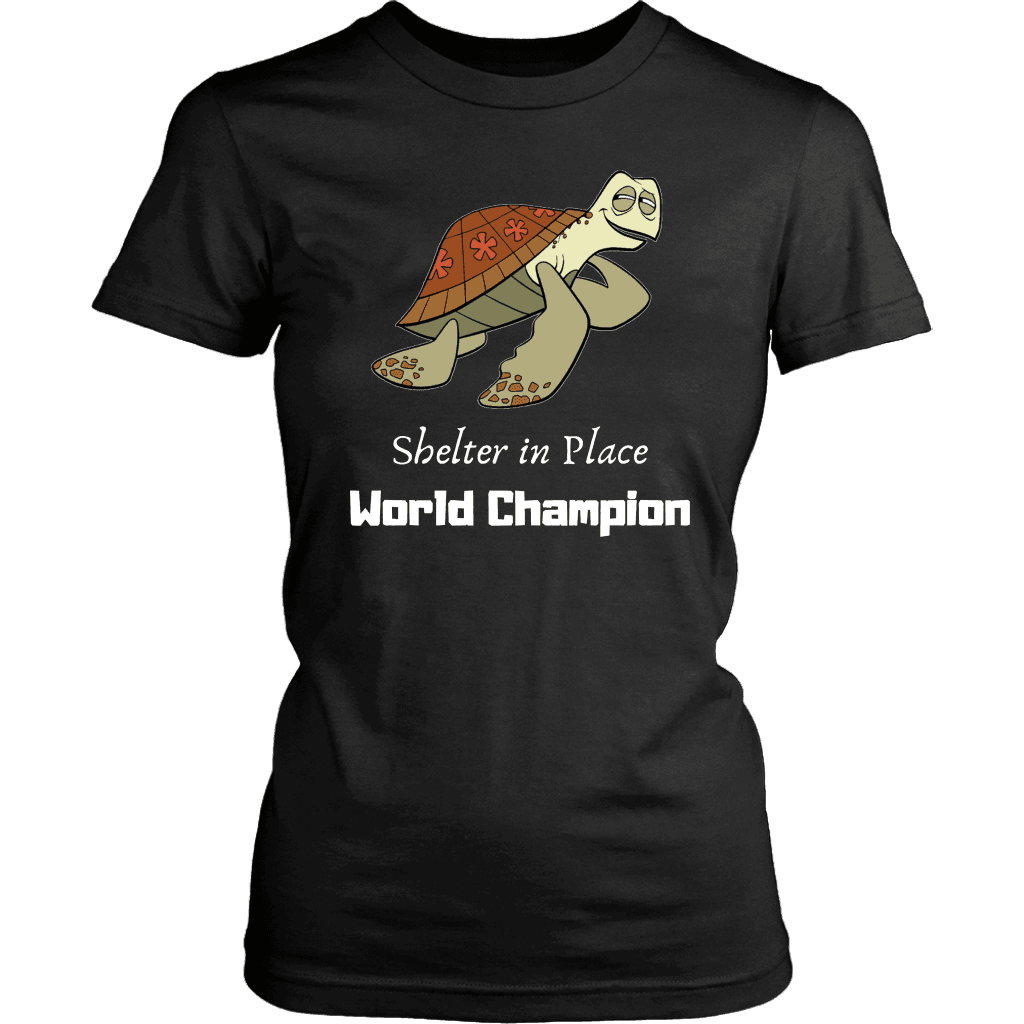Shelter In Place World Champion, White Print T-shirt District Womens Shirt Black XS