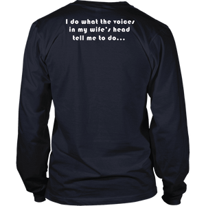 Voices in Her Head | White Print T-shirt District Long Sleeve Shirt Navy S