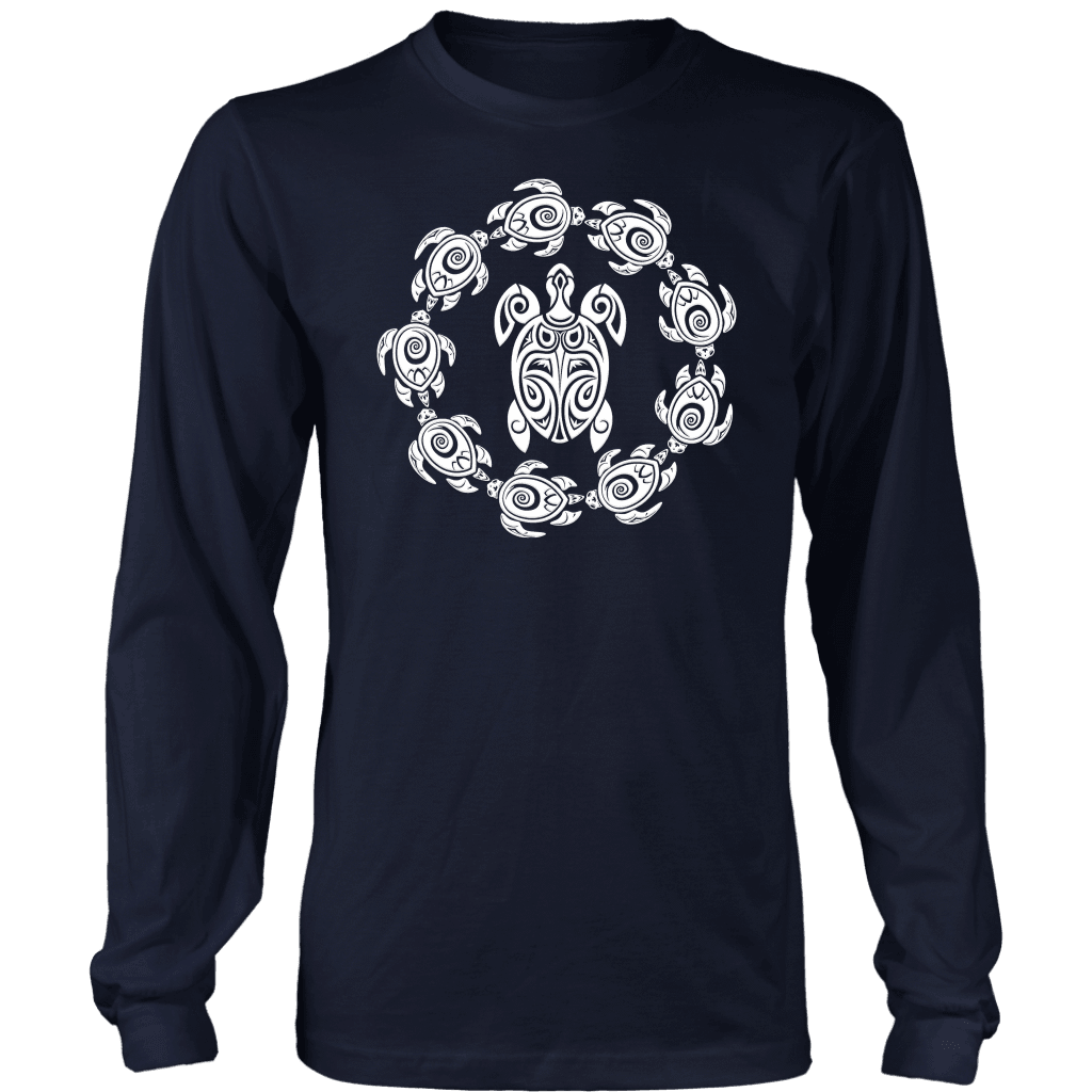 Fun Circle of Life Tribal Turtle Shirt, White Print T-shirt District Long Sleeve Shirt Navy S