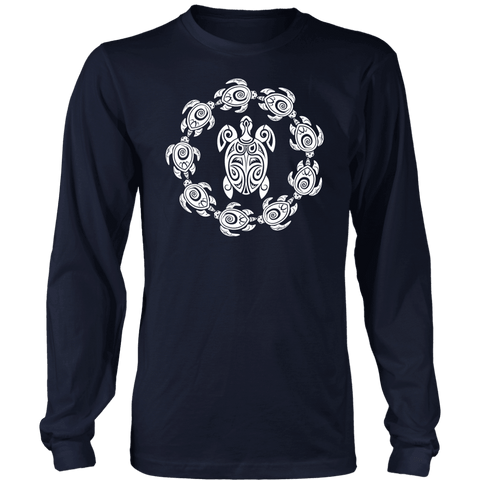 Image of Fun Circle of Life Tribal Turtle Shirt, White Print T-shirt District Long Sleeve Shirt Navy S