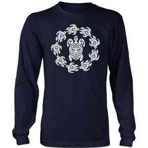 Fun Circle of Life Tribal Turtle Shirt, White Print T-shirt District Long Sleeve Shirt Navy S