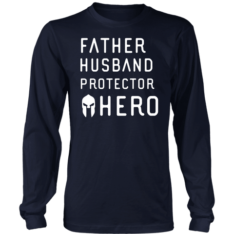Image of Father Husband Protector Hero Spartan White Print T-shirt District Long Sleeve Shirt Navy S