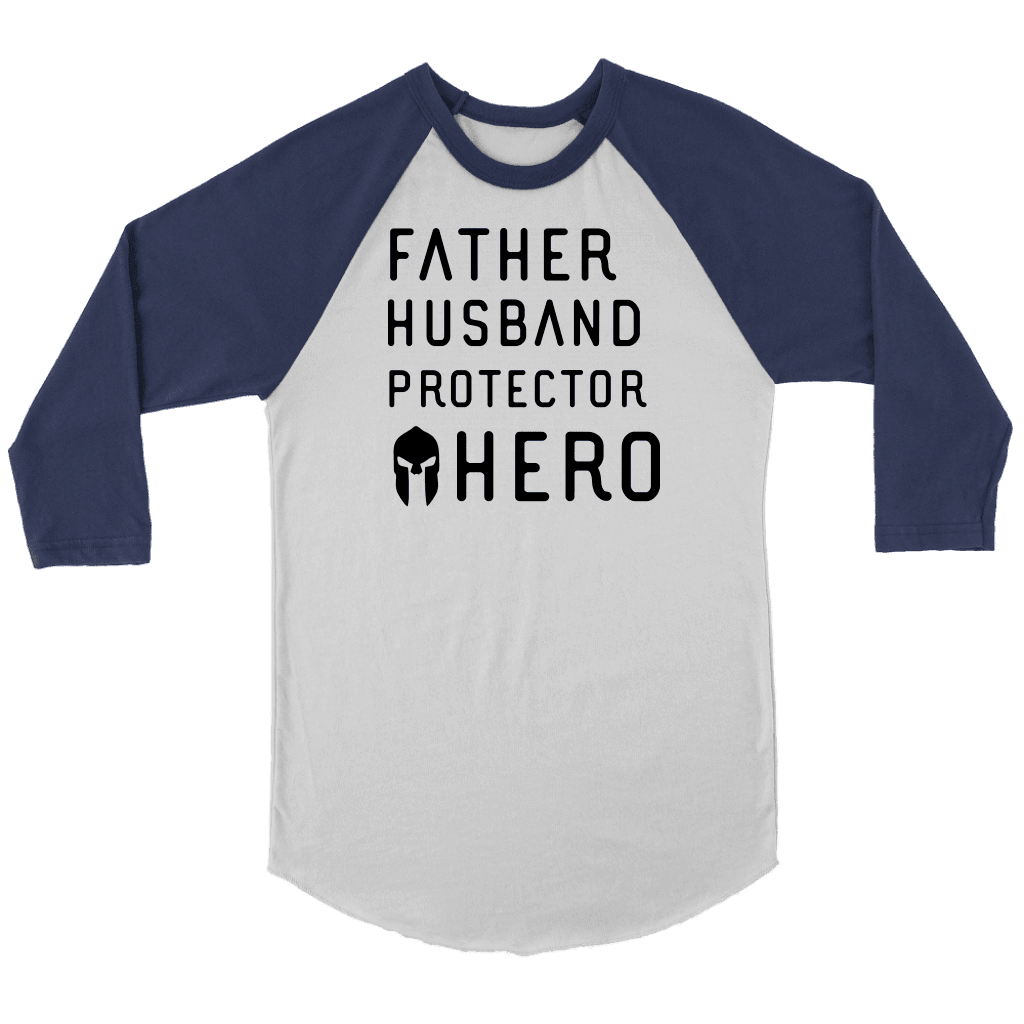 Father Husband Protector Hero Spartan Black T-shirt Canvas Unisex 3/4 Raglan White/Navy S