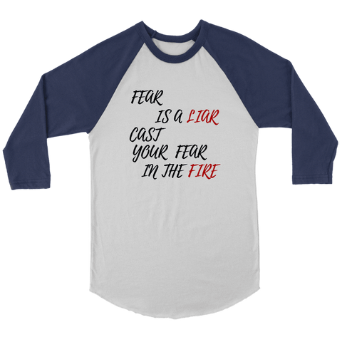 Image of Fear is a LIAR! T-shirt Canvas Unisex 3/4 Raglan White/Navy S