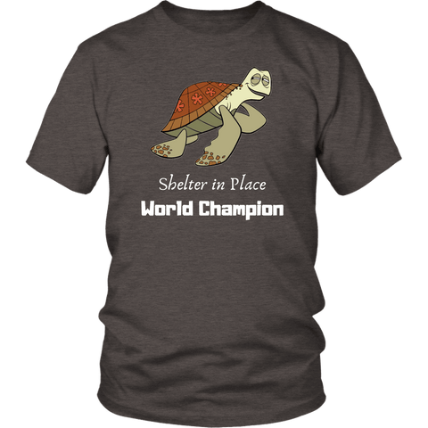 Image of Shelter In Place World Champion, White Print T-shirt District Unisex Shirt Heather Brown S