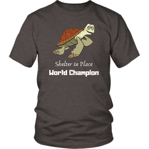 Shelter In Place World Champion, White Print T-shirt District Unisex Shirt Heather Brown S