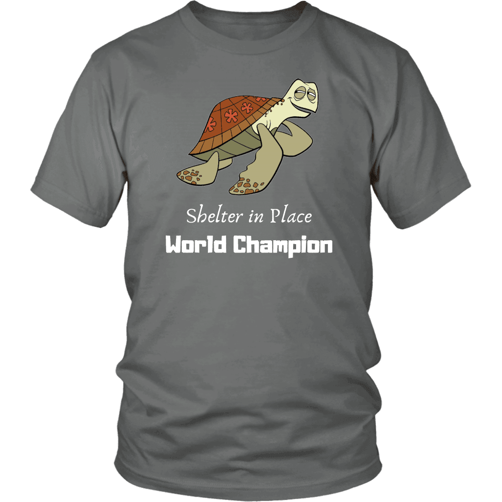 Shelter In Place World Champion, White Print T-shirt District Unisex Shirt Grey S