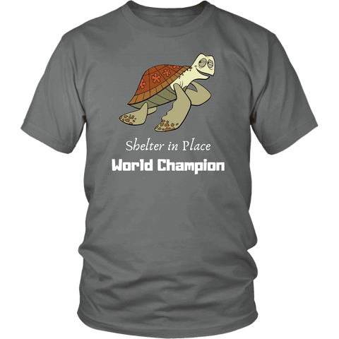 Image of Shelter In Place World Champion, White Print T-shirt District Unisex Shirt Grey S