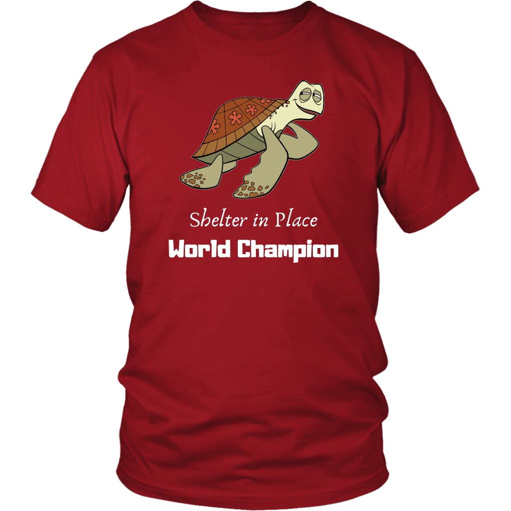 Shelter In Place World Champion, White Print T-shirt District Unisex Shirt Red S