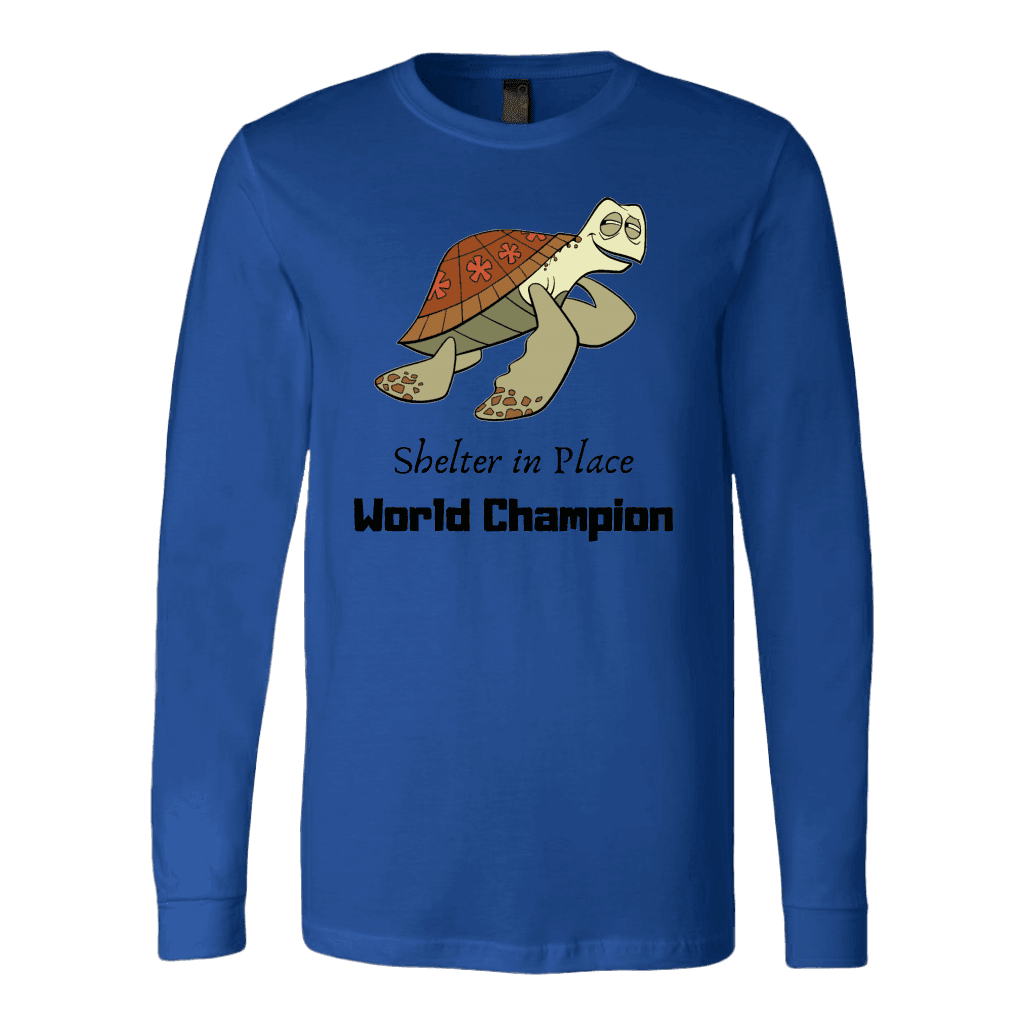Shelter In Place World Champion, Black Print T-shirt Canvas Long Sleeve Shirt Royal S