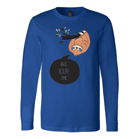 Image of Take Your Time Sloth T-shirt Canvas Long Sleeve Shirt Royal S