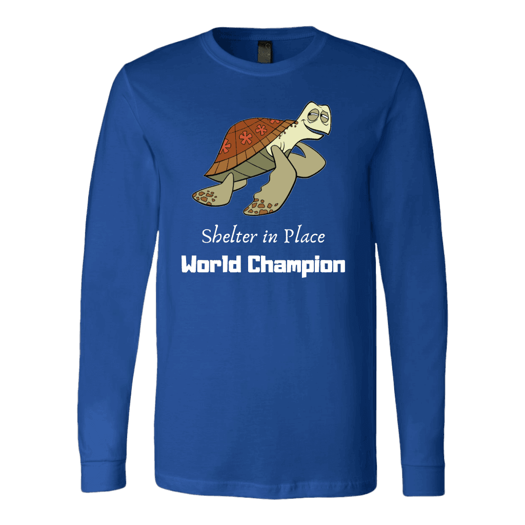 Shelter In Place World Champion, White Print Long Sleeve Hoodie T-shirt Canvas Long Sleeve Shirt Royal S