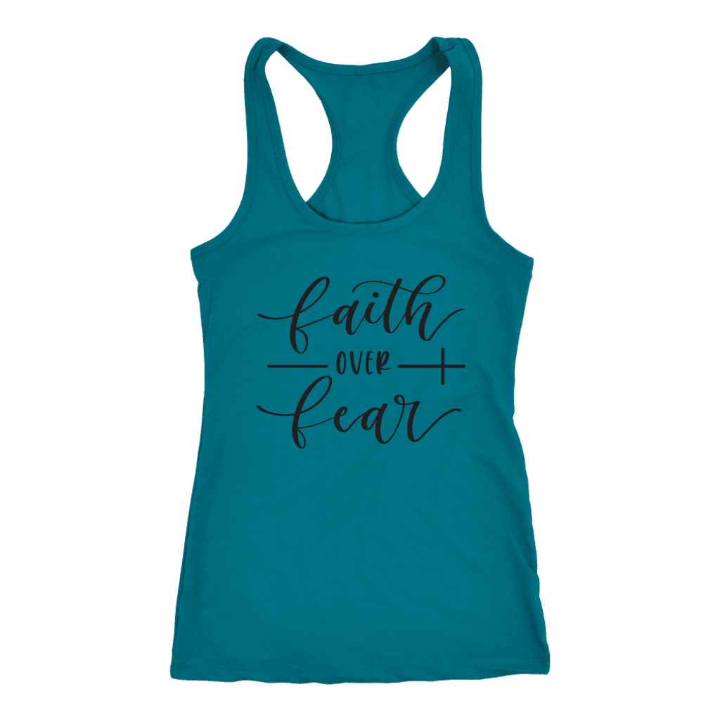 Faith Over Fear Womens Black Print T-shirt Next Level Racerback Tank Turquoise XS